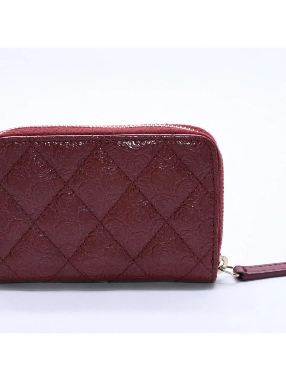 Chanel Camellia Embossed Quilted Zip Around Coin Purse Calfskin CC Logo